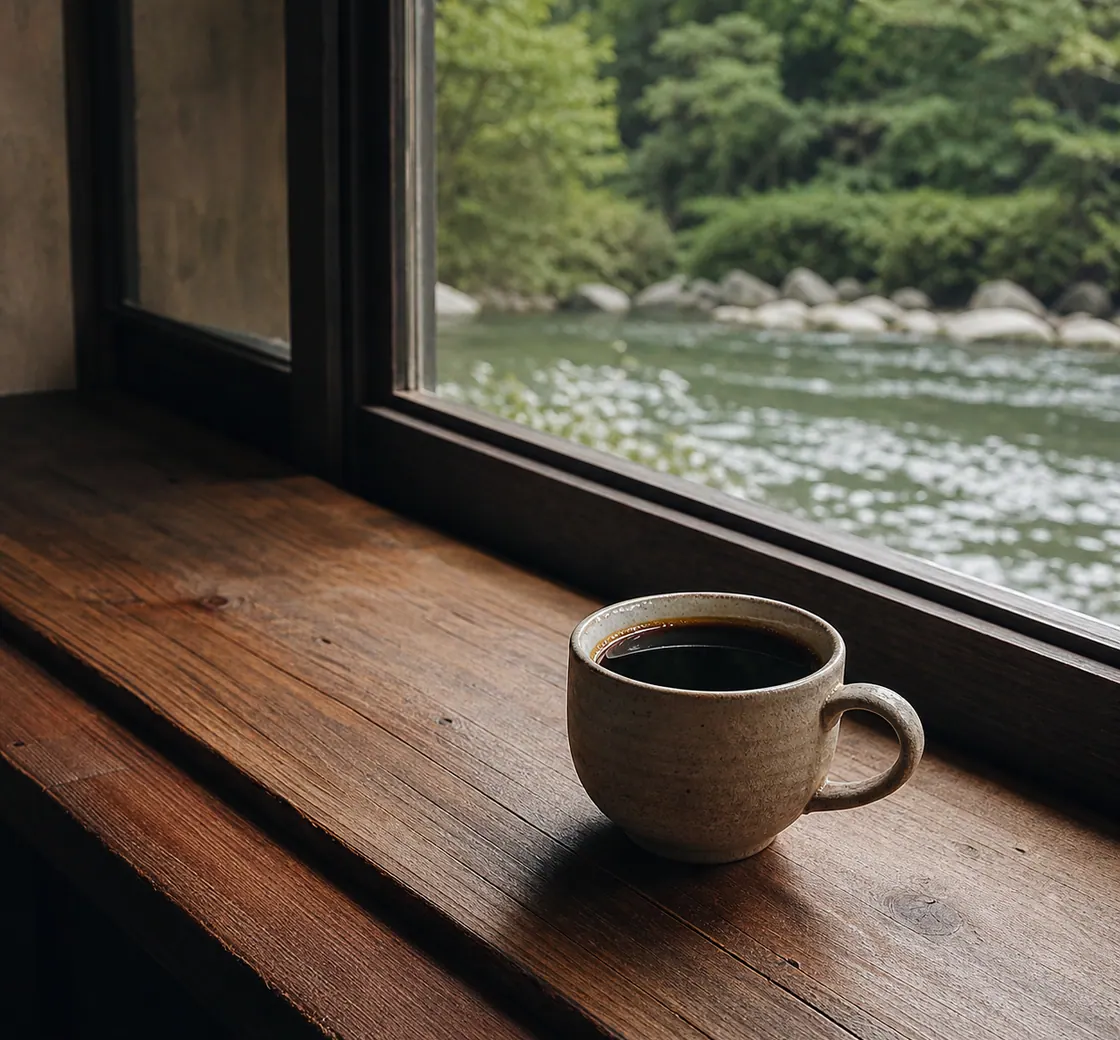 川辺の窓辺の席とコーヒー一杯